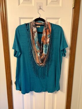 ONE WORLD Teal Short-Sleeve Knit Top with Multicolor Fringe Infinity Scarf
